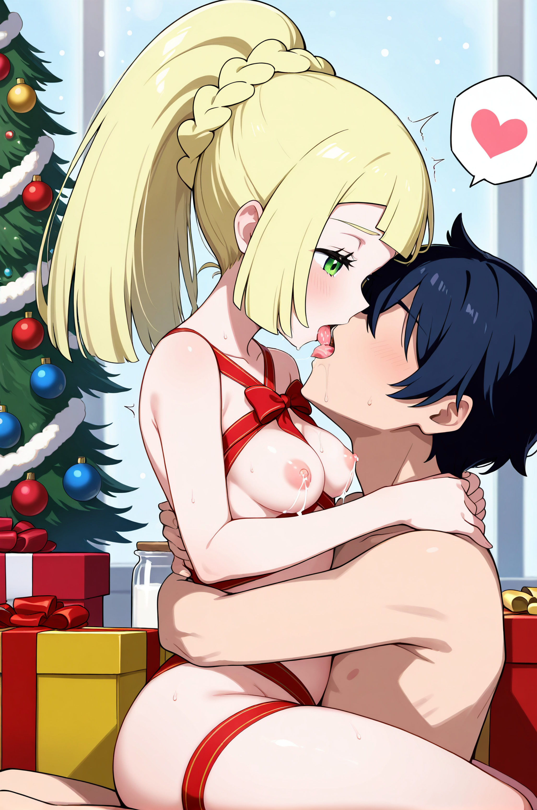 ポケモン ポケットモンスター リーリエ AIイラスト クリスマス リボンラッピング セックス 騎乗位 キス 母乳 おっぱい 乳首