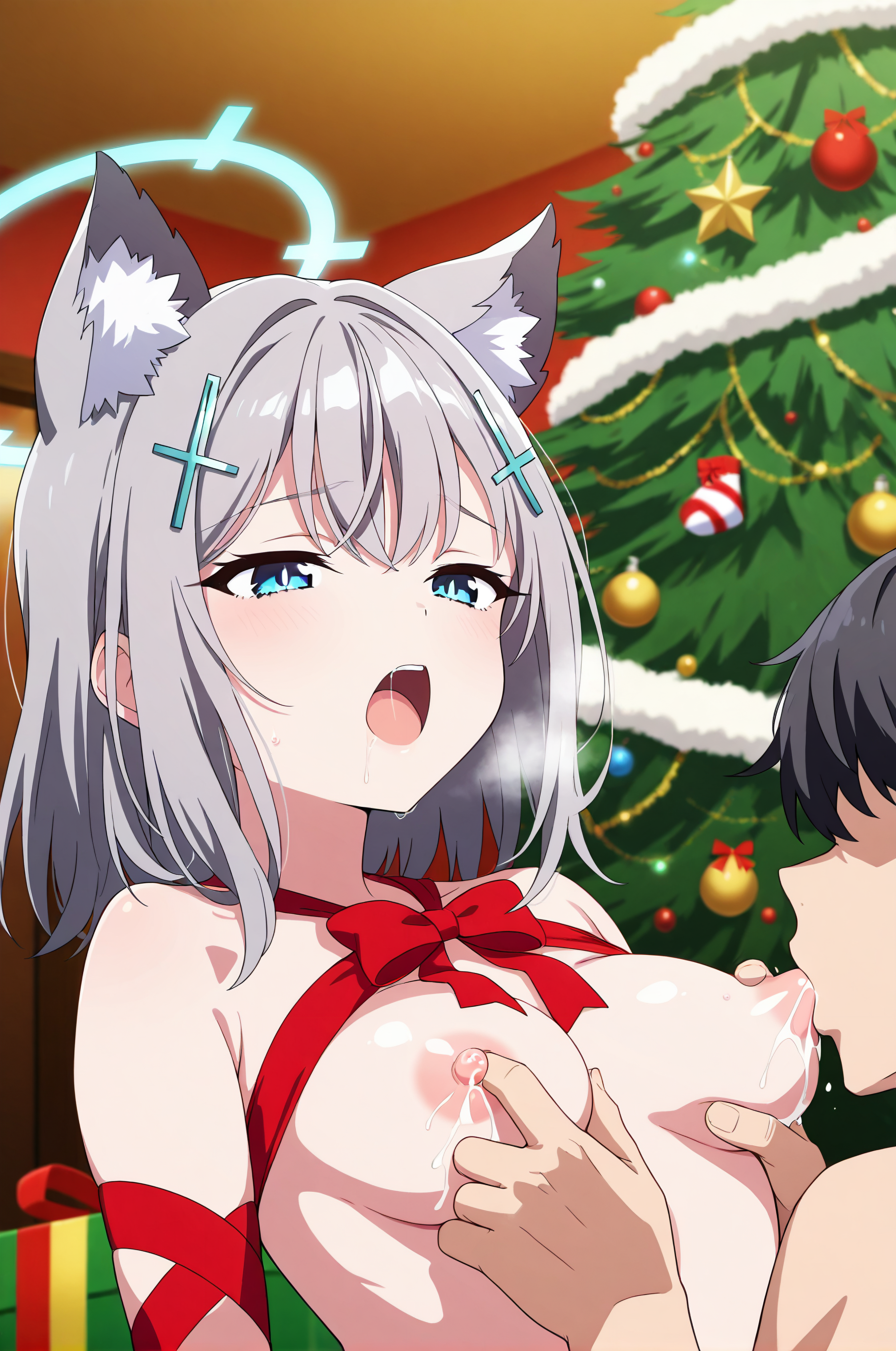 ブルーアーカイブ 砂狼 シロコ AIイラスト クリスマス リボンラッピング 乳首舐め 乳首弄り 母乳 おっぱい 乳首