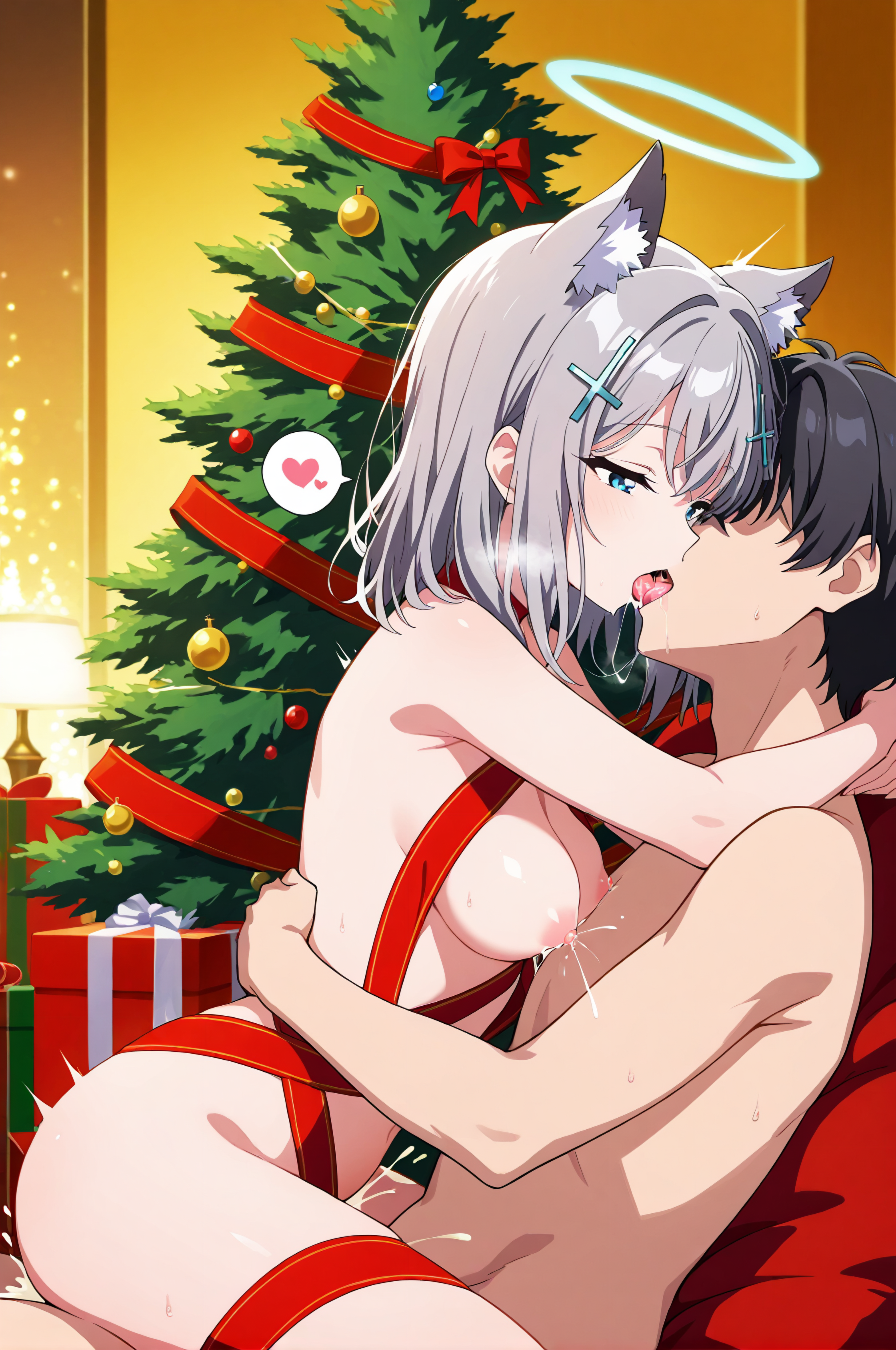 ブルーアーカイブ 砂狼 シロコ AIイラスト 無修正 クリスマス リボンラッピング セックス 騎乗位 中出し 射精 精液 潮吹き 母乳 おっぱい 乳首 キス