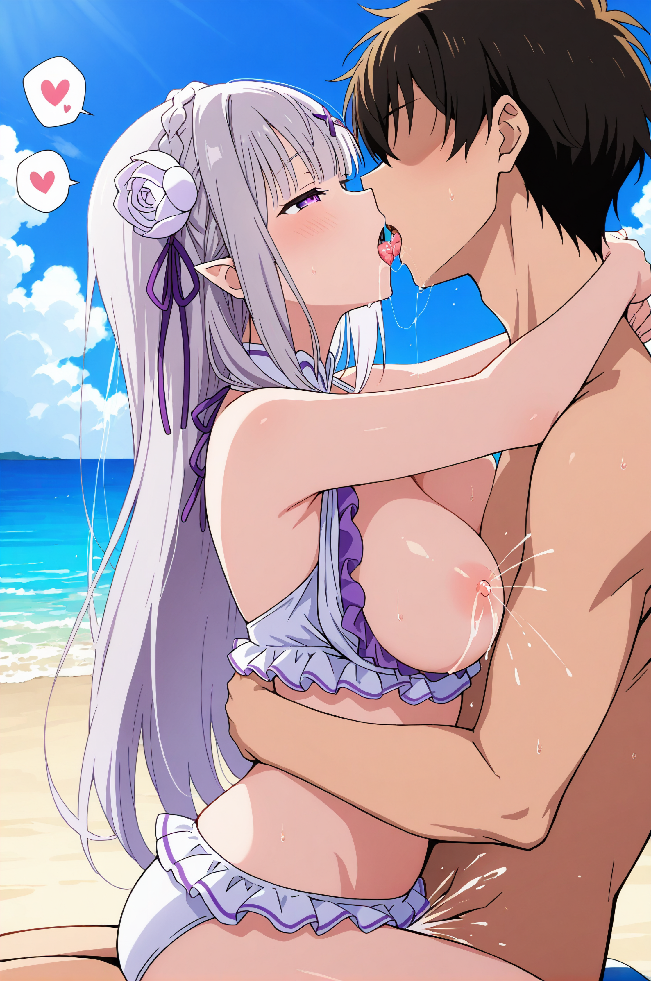 エロ画像 二次エロ画像 公式風 公式調 Re:ゼロから始める異世界生活 エミリア AIイラスト セックス 騎乗位 キス 母乳 おっぱい 乳首 水着
