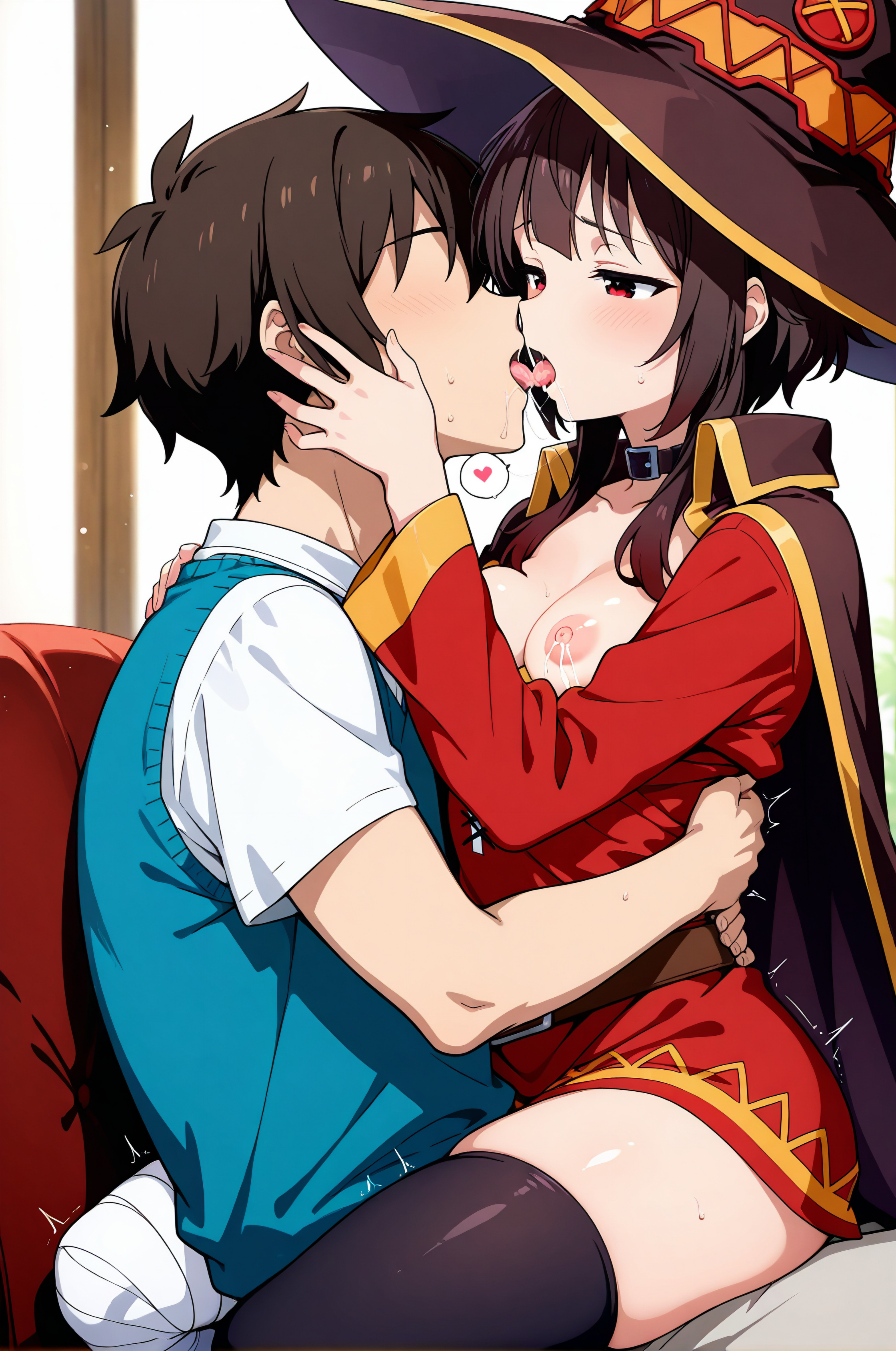 この素晴らしい世界に祝福を! このすば めぐみん AIイラスト セックス 騎乗位 キス 母乳 おっぱい 乳首