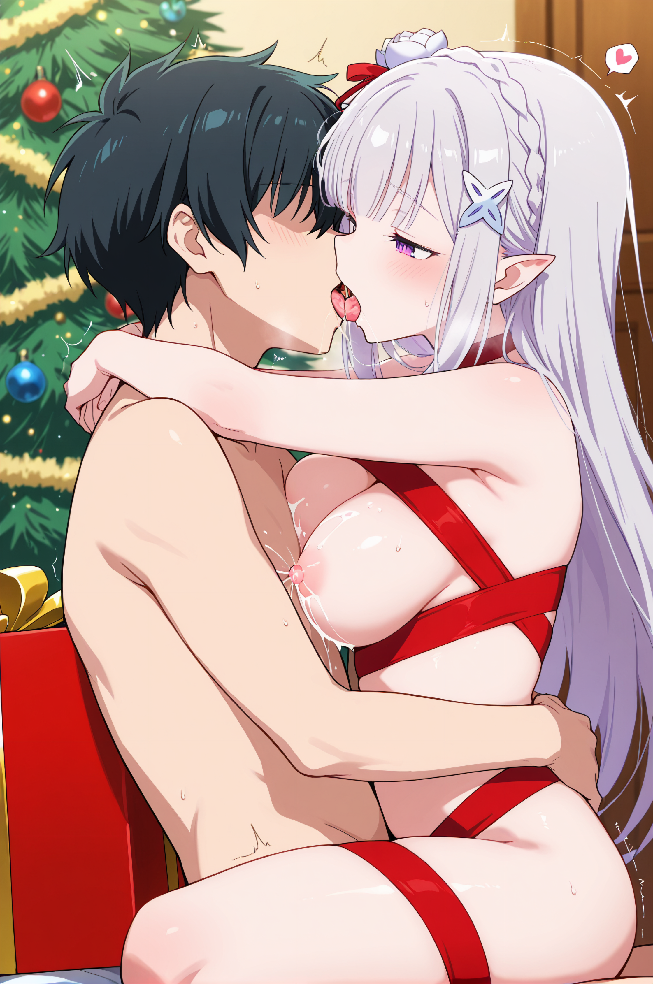 Re:ゼロから始める異世界生活 エミリア AIイラスト クリスマス リボンラッピング セックス 騎乗位 キス 母乳 おっぱい 乳首