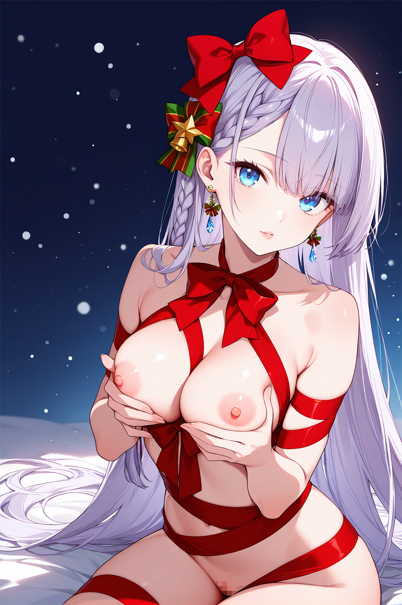 聖剣学院の魔剣使い リーセリア・レイ・クリスタリア AIイラスト 無修正 クリスマス リボンラッピング 乳揉み おっぱい 乳首