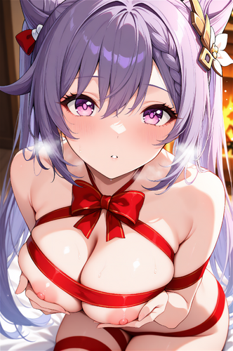原神 刻晴 AIイラスト クリスマス リボンラッピング おっぱい 乳首